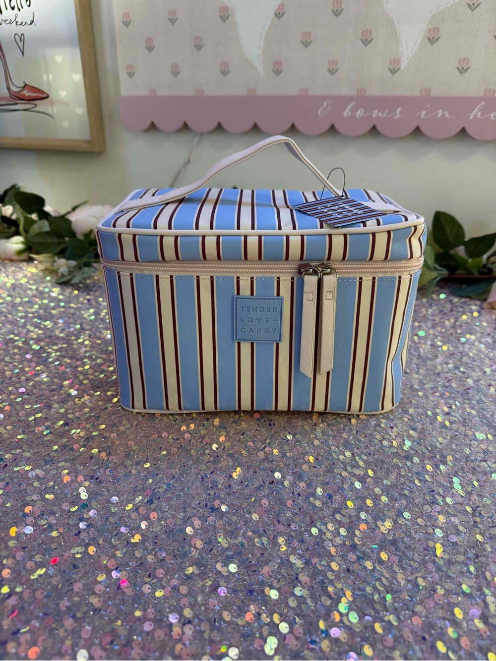 NWT Tender Love + Carry Travel Vanity Bag in Blue/Cream Vertical Stripe Pattern